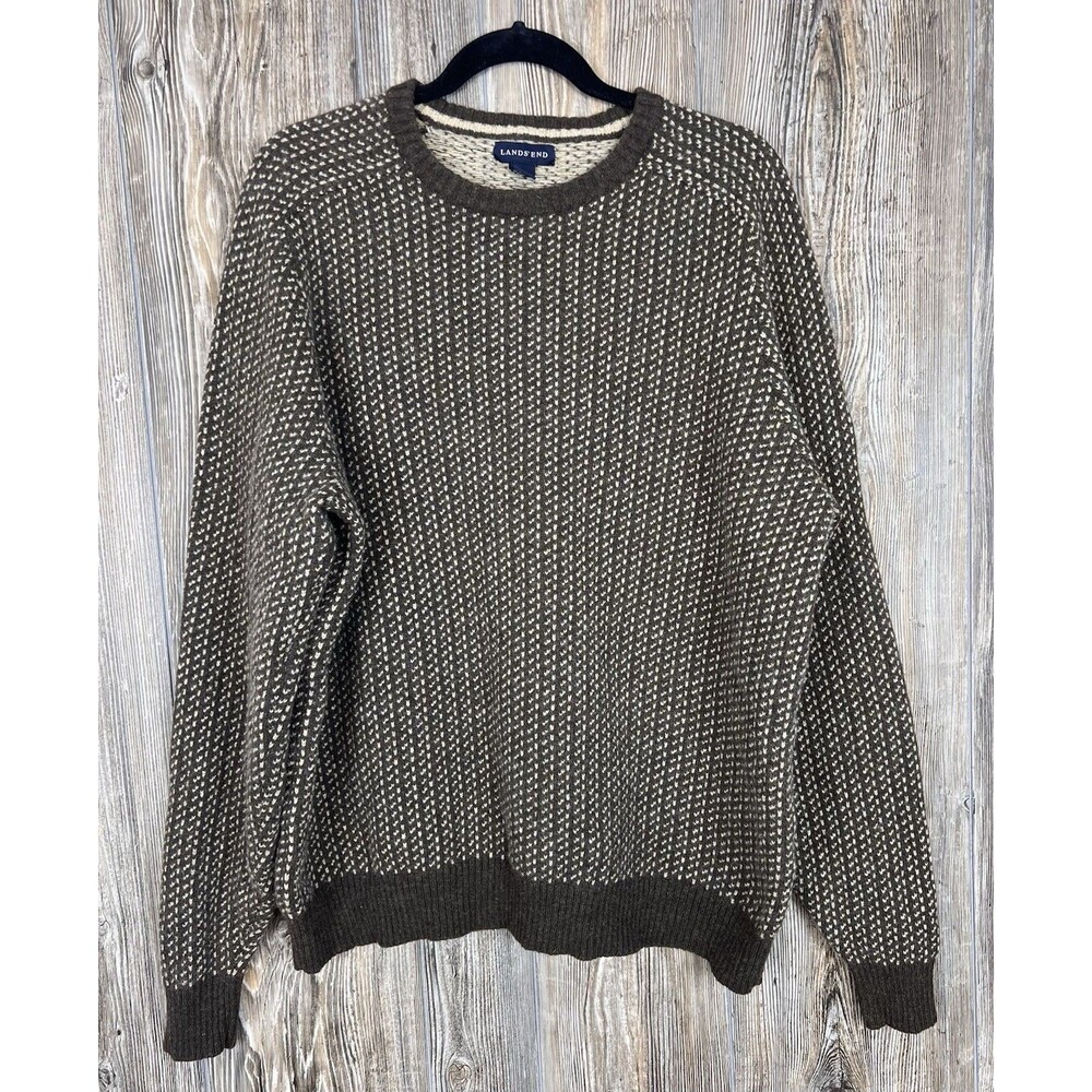 Lands End Sweater Men XL Crewneck Merino Wool Blend Elbow Patches Preppy Classic
